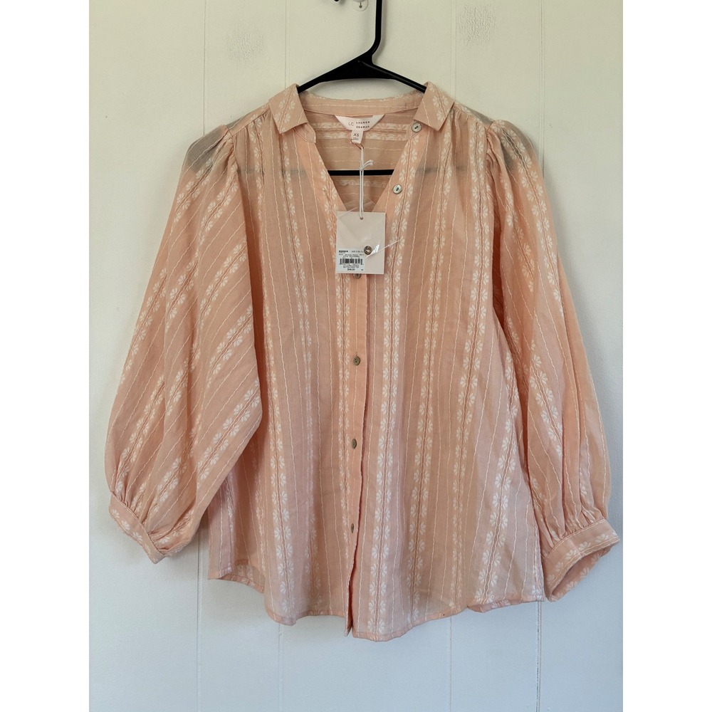 NWT LC Lauren‎ Conrad Peach Cotton Dobby Stripe Balloon Sleeve Blouse Top XS